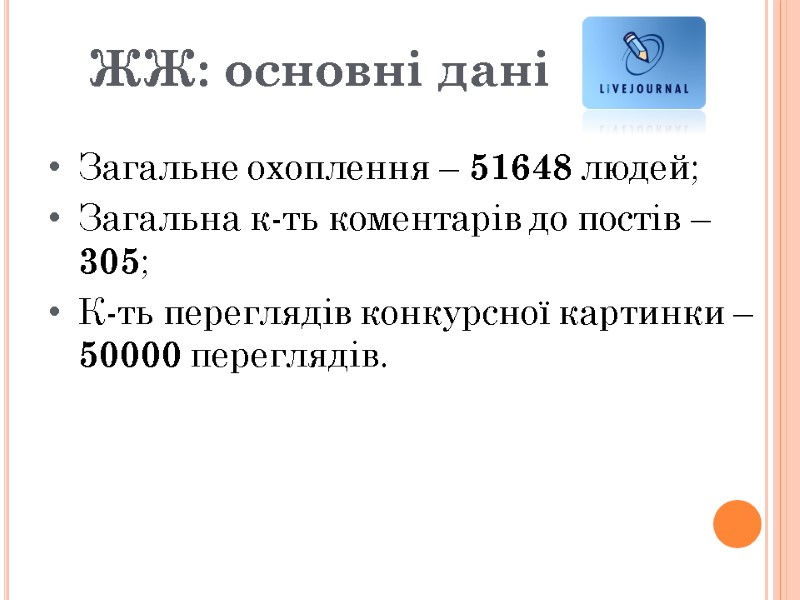 ЖЖ: основні дані Загальне охоплення – 51648 людей; Загальна к-ть коментарів до постів –